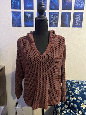 Brown Open-Knit Hooded Sweater